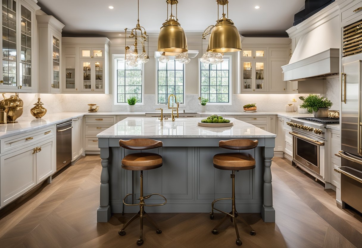 A spacious kitchen with ornate details, marble countertops, and a large central island. Vintage brass fixtures and a classic French range add to the elegance and functionality