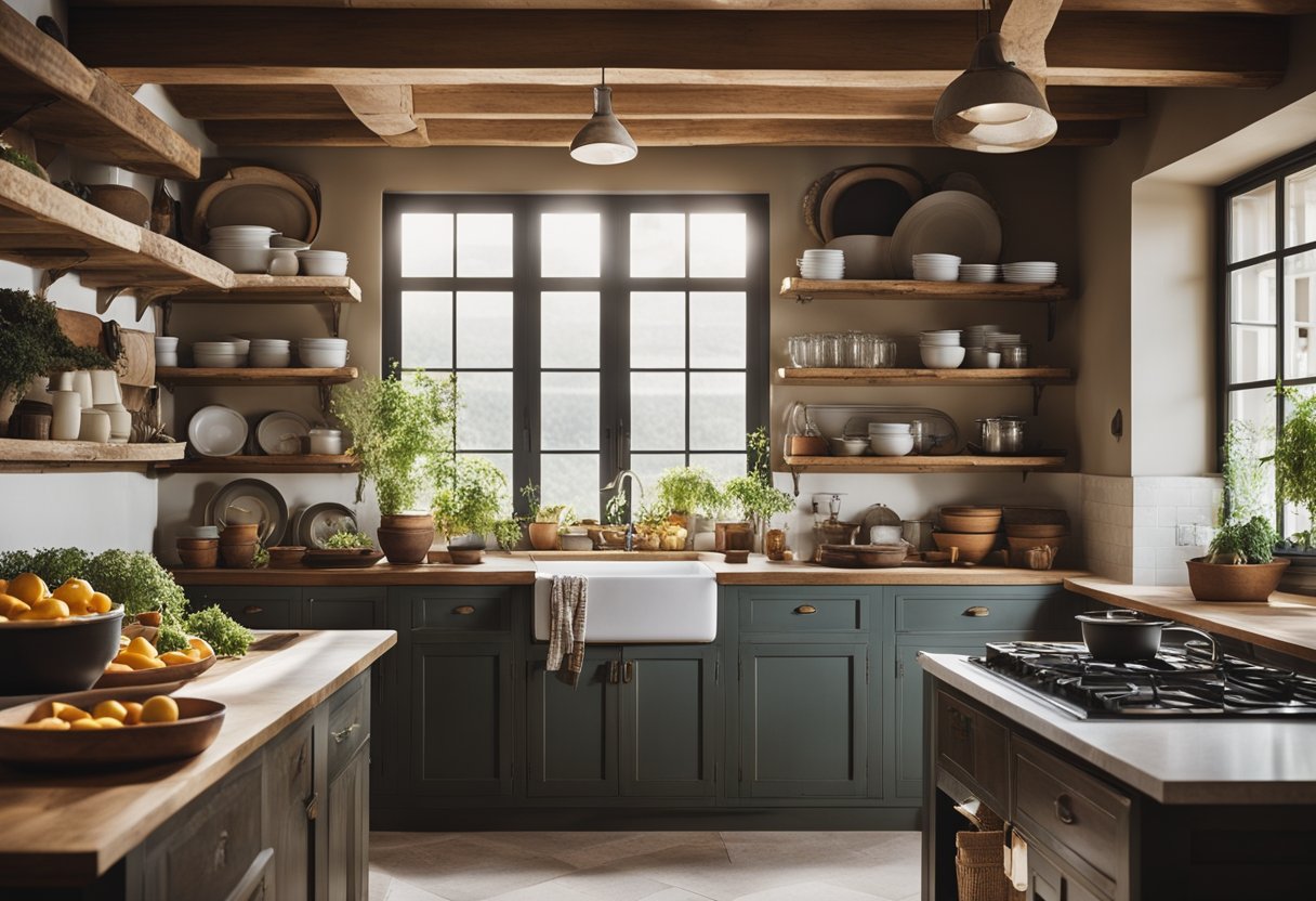 A cozy French kitchen with rustic wooden cabinets, marble countertops, and a large farmhouse sink. The room is filled with natural light, and there are pots and pans hanging from a ceiling rack