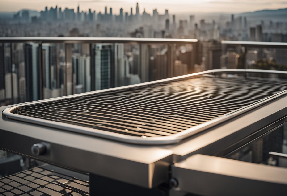 A modern stainless steel grill with geometric patterns, mounted on a balcony railing overlooking a city skyline