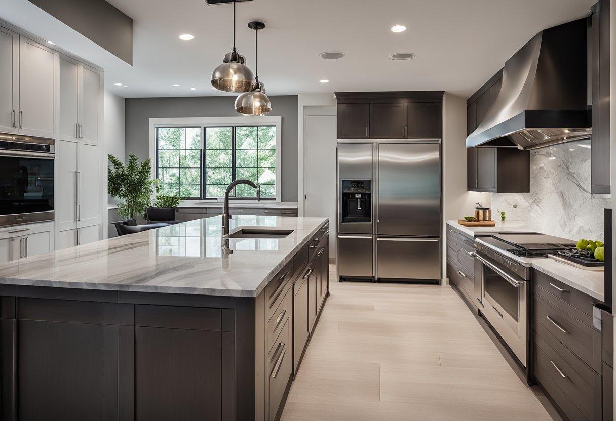 A modern, sleek kitchen with stainless steel appliances, marble countertops, and a large island. Bright lighting and clean lines create a professional, high-end atmosphere