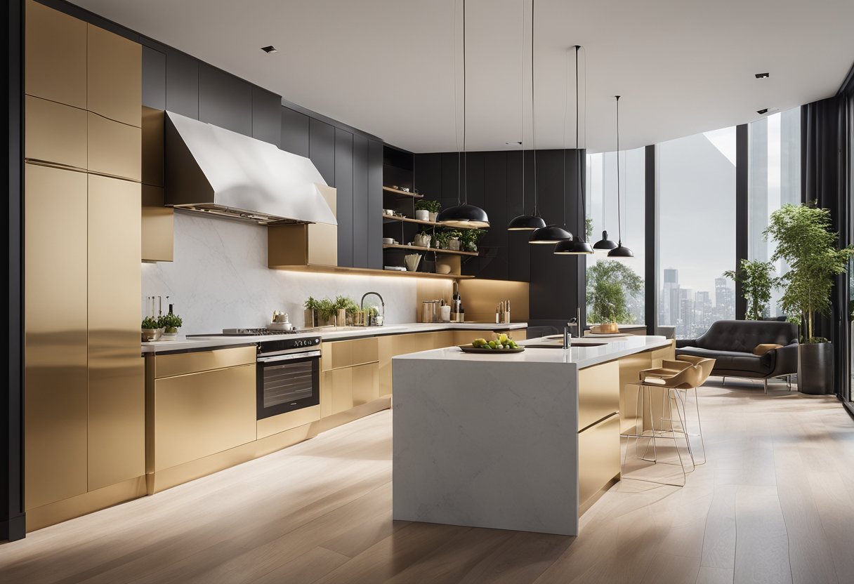 A spacious kitchen with a golden triangle layout, featuring a sleek island, modern appliances, and abundant natural light