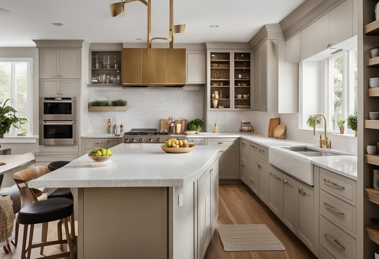 A spacious kitchen with sink, stove, and refrigerator forming a golden triangle layout. Cabinets and countertops provide ample storage and workspace