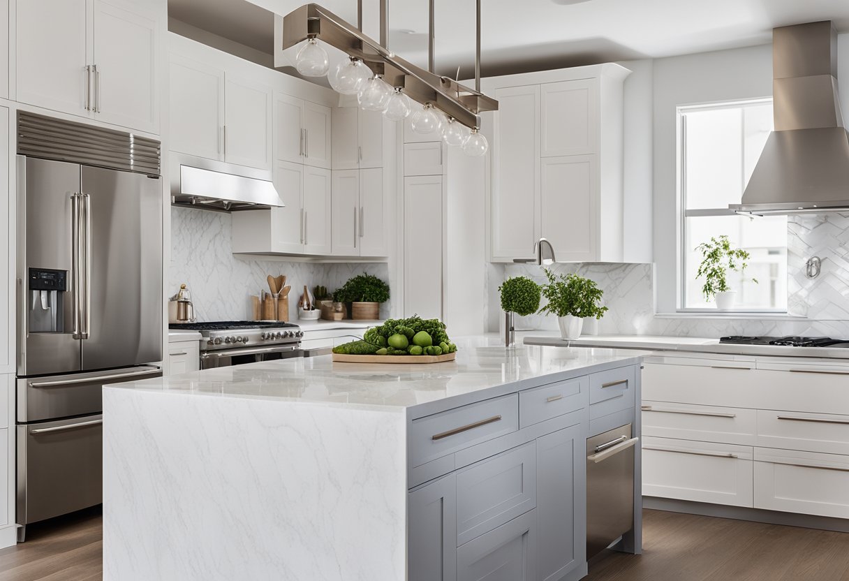 A sleek, modern kitchen with stainless steel appliances, marble countertops, and a large island. Bright natural light floods the space, highlighting the clean lines and minimalist design