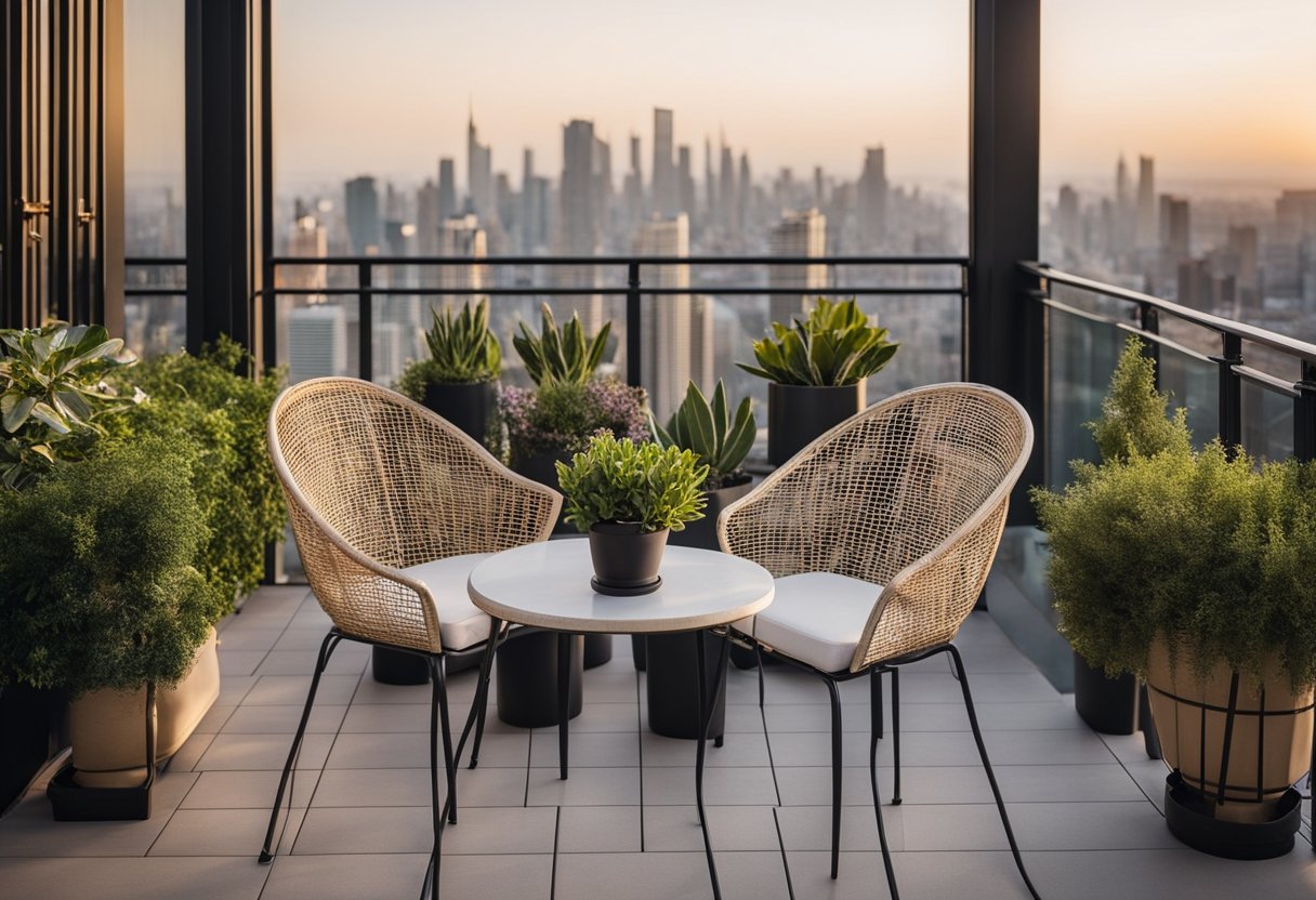 A balcony with sleek stainless steel grills, adorned with potted plants and cozy outdoor furniture, overlooking a bustling cityscape