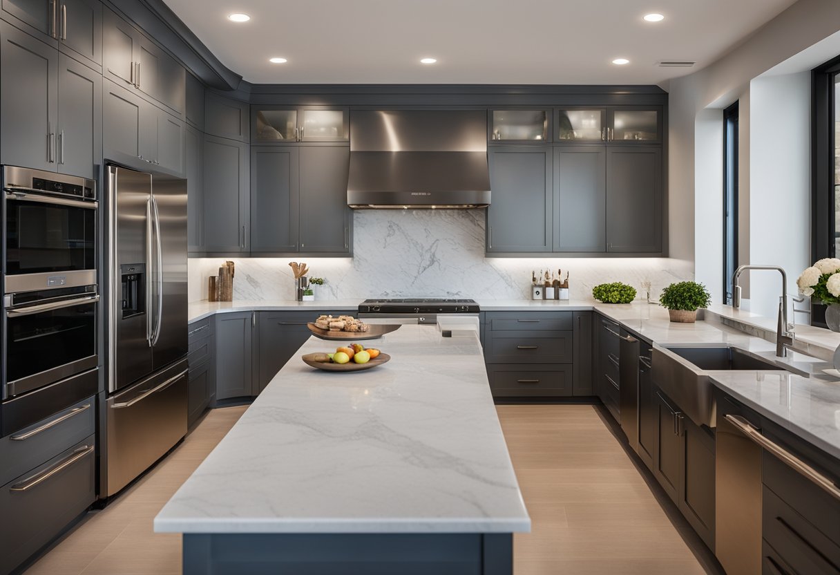 A sleek, modern kitchen with stainless steel appliances, marble countertops, and a large island for food preparation. The space exudes elegance and functionality, perfect for creating a culinary experience