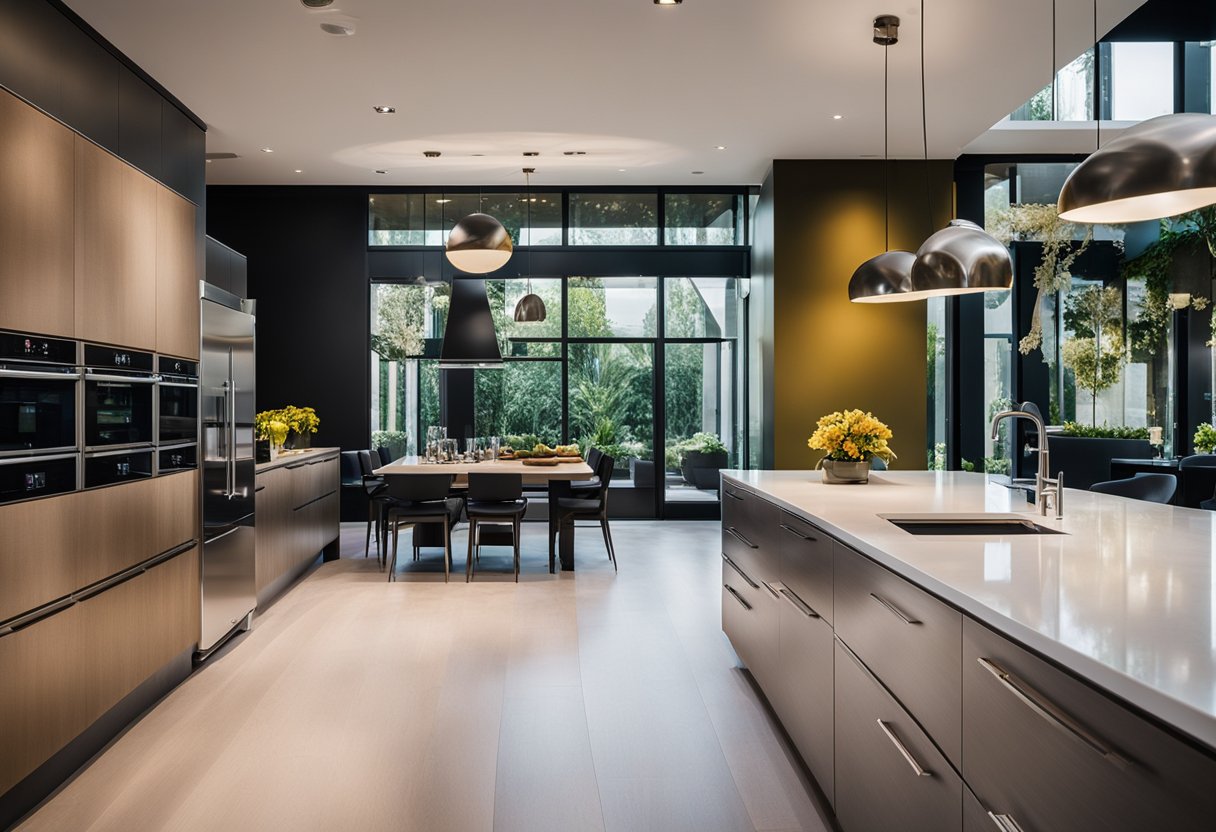 Gordon Ramsay's kitchen design: sleek, modern appliances, clean lines, and ample counter space. Bright lighting and pops of color add a vibrant touch
