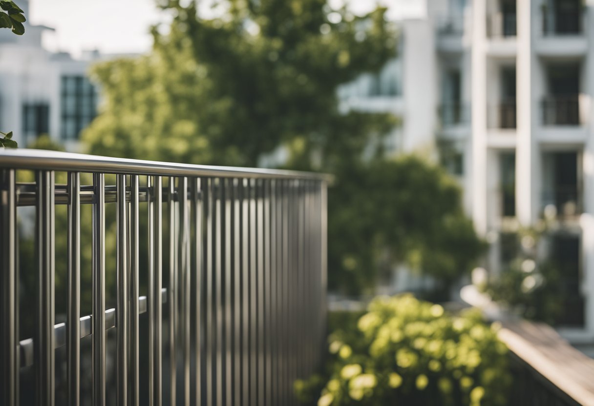 A modern, sleek stainless steel grill mounted on a balcony railing, with clean lines and a simple, elegant design