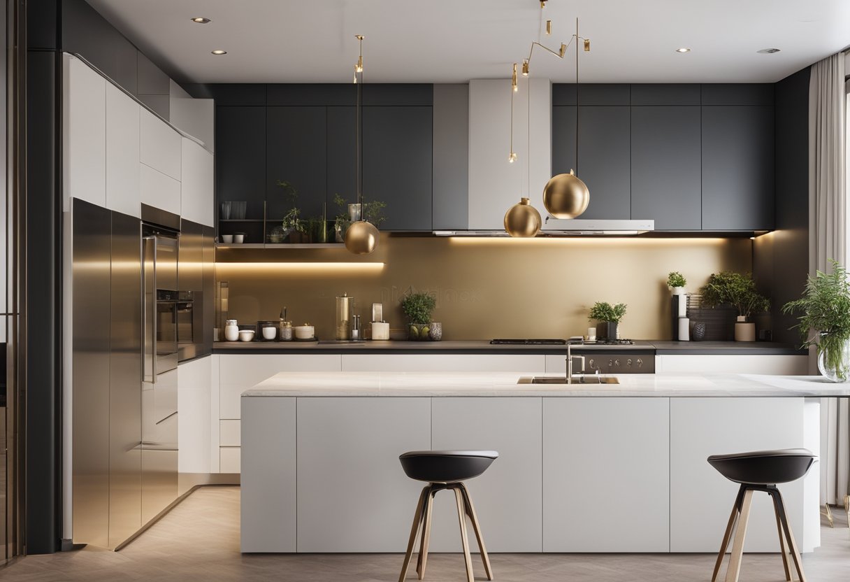 A modern kitchen with a golden triangle layout, featuring sleek cabinets, a central island, and integrated appliances