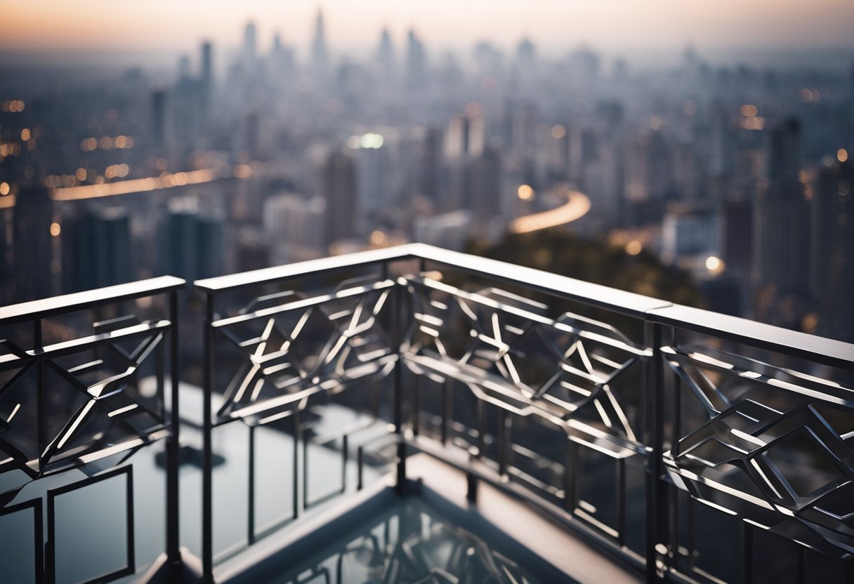 A sleek, metal balcony railing with geometric patterns overlooking a city skyline