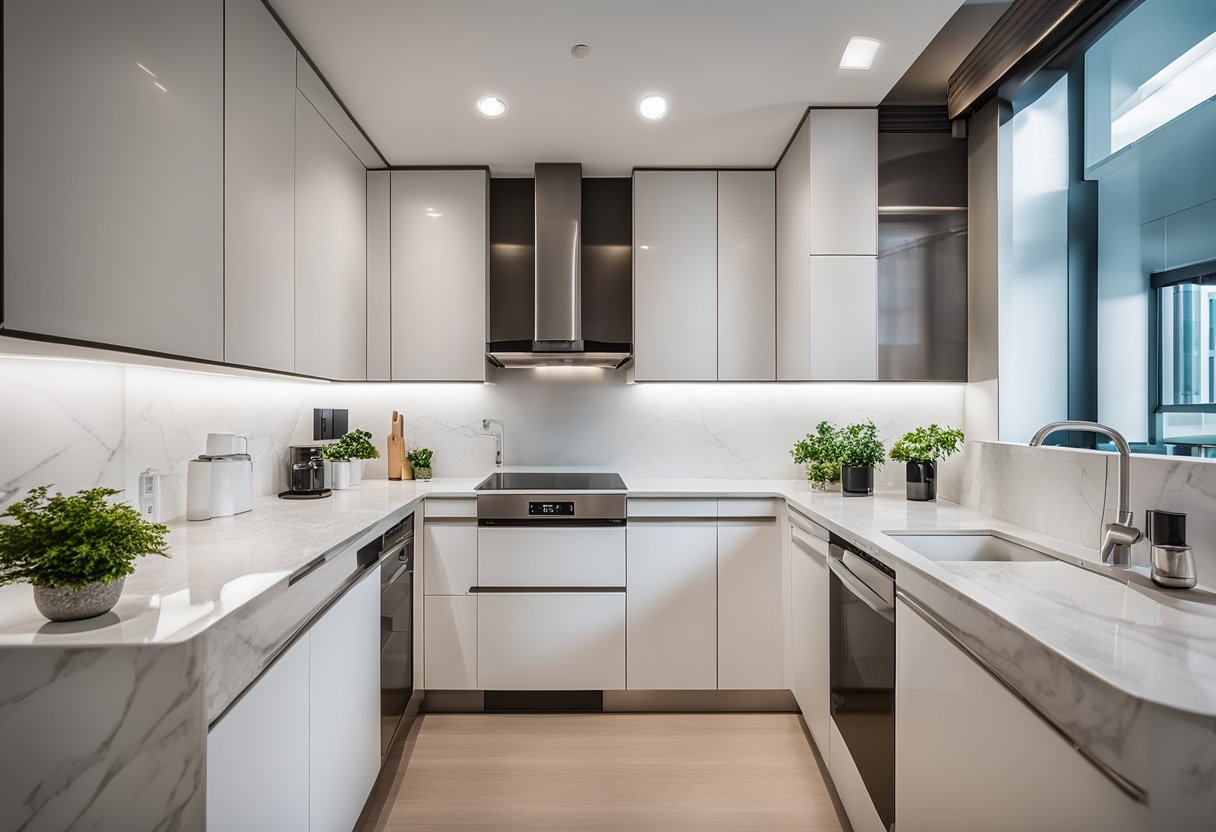 A modern 3-room HDB kitchen with sleek, white cabinets, stainless steel appliances, and a marble countertop