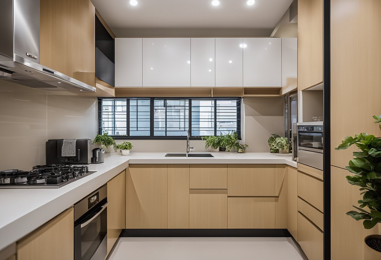 A 3-room HDB kitchen with cleverly designed cabinets and storage solutions to maximize space