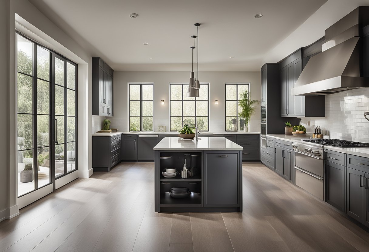 A spacious 9 x 11 kitchen with modern appliances and granite countertops. The natural light floods in through the large window, illuminating the sleek, minimalist design