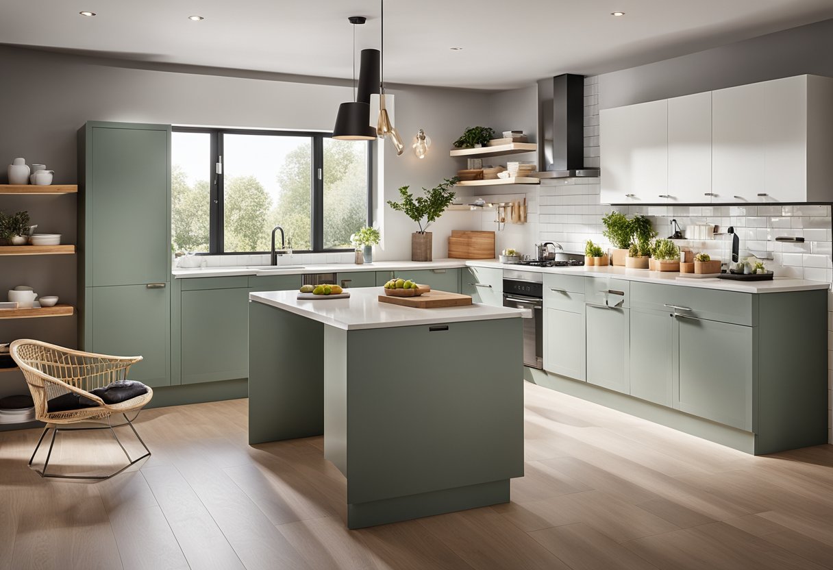 The 9 x 11 kitchen features sleek, modern cabinets, a compact island, and clever storage solutions. The color scheme is light and airy, with pops of vibrant accents