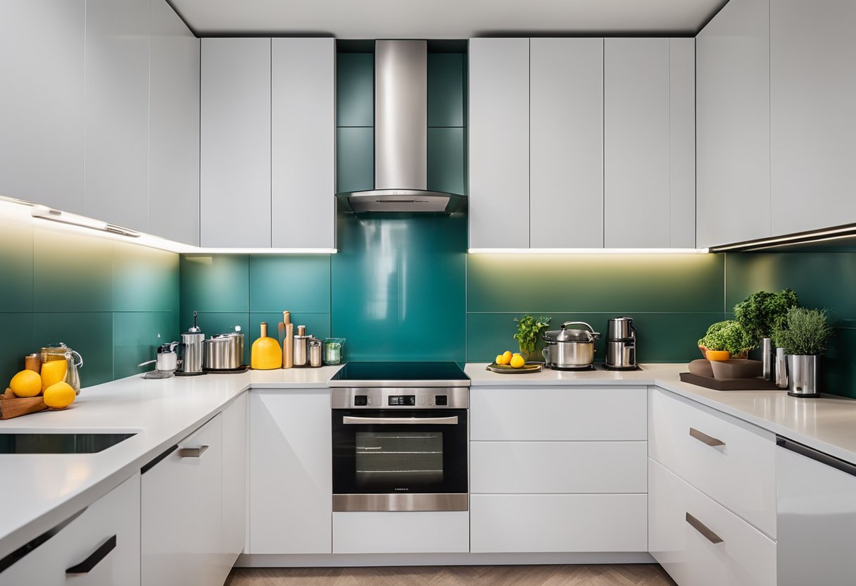 A modern kitchen with sleek white cabinets, stainless steel appliances, and a pop of color on the backsplash