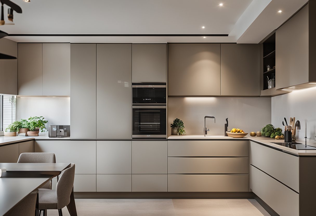 A modern, minimalist 3-room HDB kitchen with sleek, handle-less cabinets in a neutral color palette. The design maximizes storage and functionality while maintaining a clean, uncluttered look