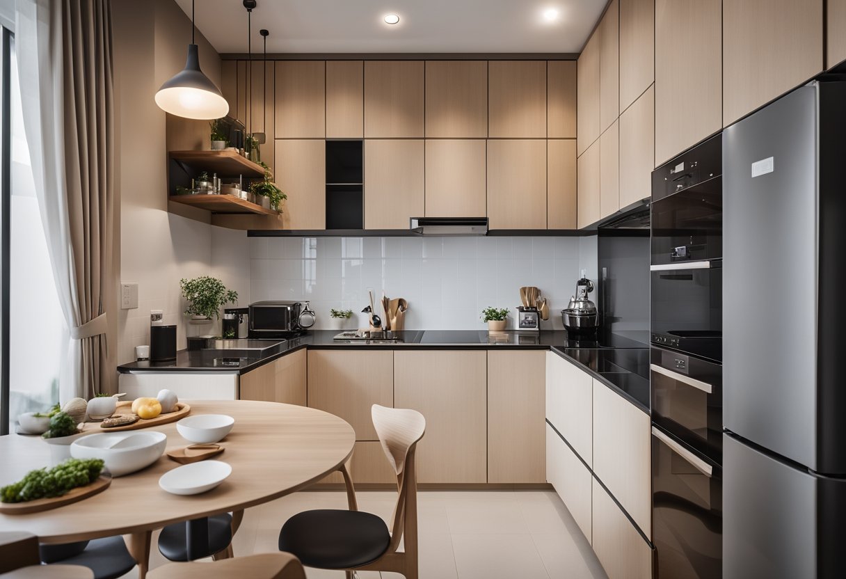 A cozy HDB kitchen with minimalistic design, featuring sleek cabinets, a compact dining area, and clever storage solutions