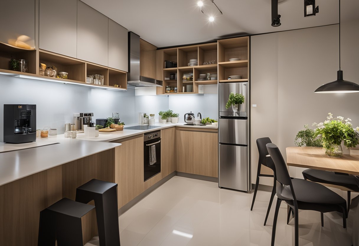 The HDB kitchen is efficiently organized with clever storage solutions and space-saving design ideas. A pull-out pantry, compact appliances, and a foldable dining table maximize the limited space