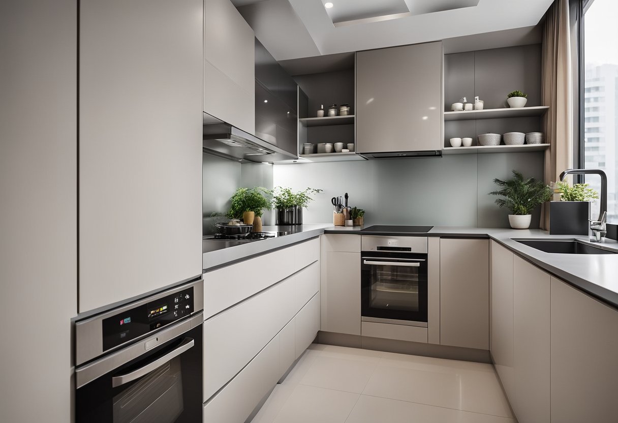 A small HDB kitchen with sleek, modern design elements. Minimalist cabinets, integrated appliances, and a neutral color palette create a functional and stylish space