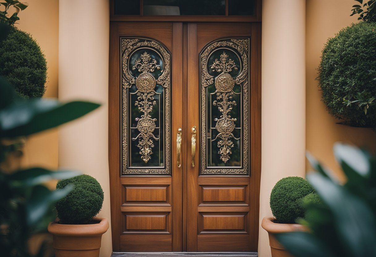A wooden balcony door with intricate carvings and ornate metal handles. The door is surrounded by potted plants and overlooks a scenic view