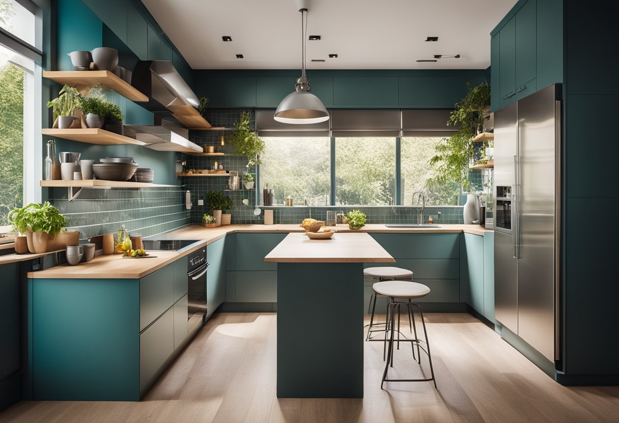 A small kitchen with clever storage solutions and efficient layout. Bright colors and natural light enhance the space