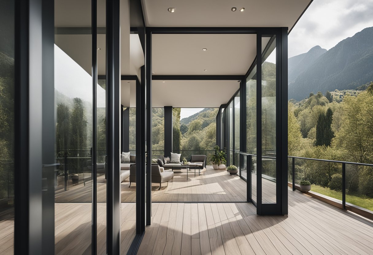 A modern balcony door with sleek, minimalist frame and large glass panels, allowing ample natural light and unobstructed views of the outdoors