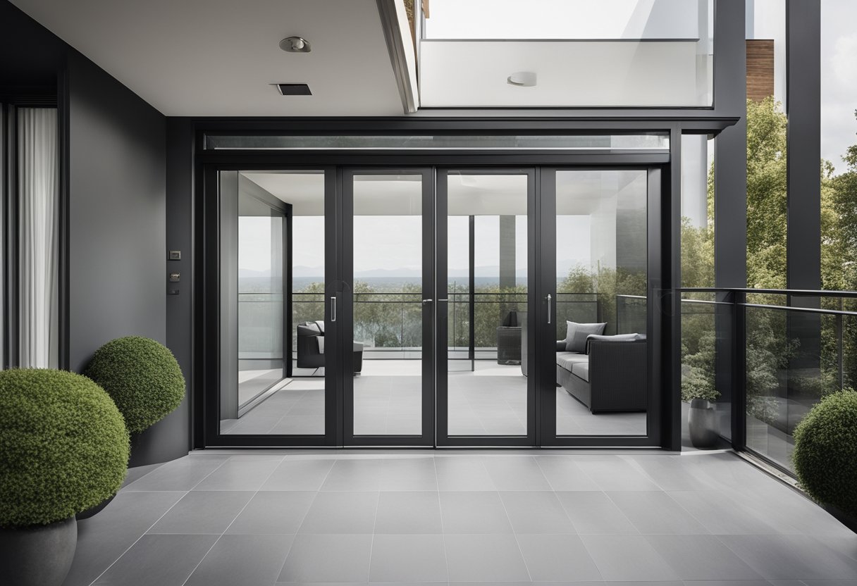 A modern balcony door with sleek lines and a minimalist design, featuring a large glass panel and a simple, elegant handle