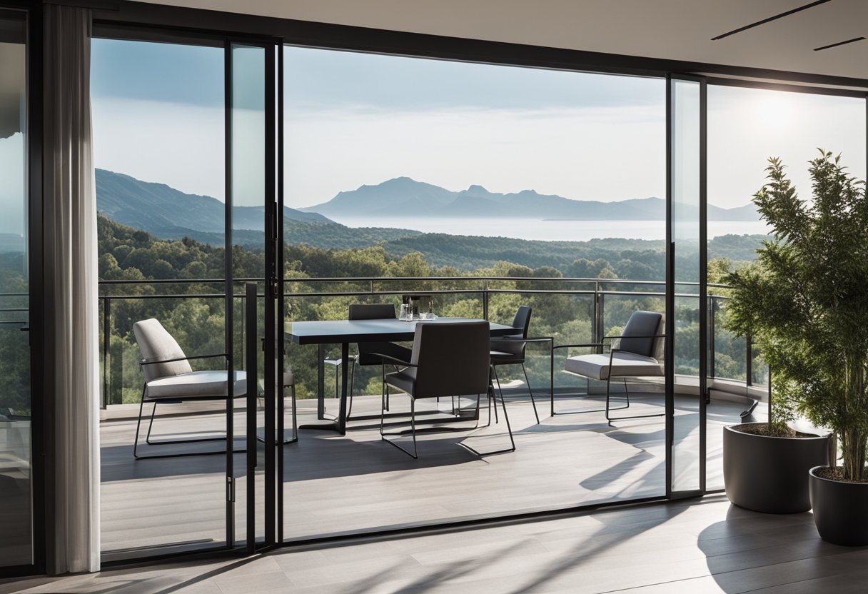 A modern balcony glass sliding door, with sleek metal frame and clear panels, opening onto a scenic view