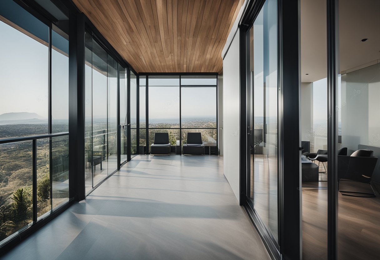 A modern balcony with sleek glass sliding doors and minimalist design