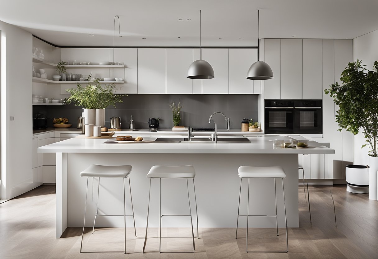A sleek, minimalist kitchen with white cabinets, stainless steel appliances, and a large island with bar stools. Clean lines and a neutral color palette create a modern and functional space