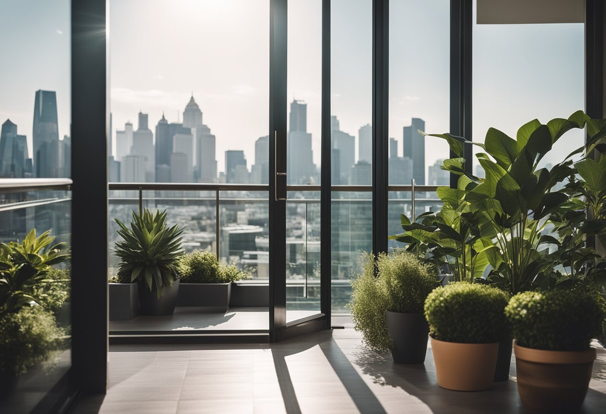 A modern balcony with a sleek glass sliding door, surrounded by potted plants and a city skyline in the background