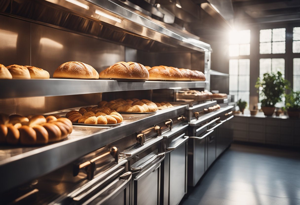 A spacious bakery kitchen with stainless steel appliances, marble countertops, and hanging copper pots. Sunlight streams in through large windows, illuminating the rows of freshly baked bread and pastries on display