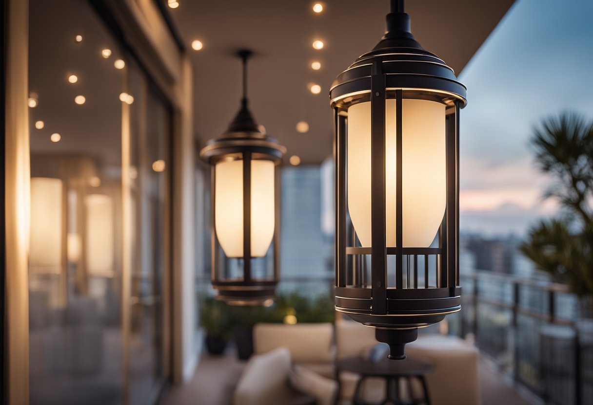 A soft glow emanates from a sleek, modern light fixture on a balcony, casting a warm and inviting ambiance over the outdoor space