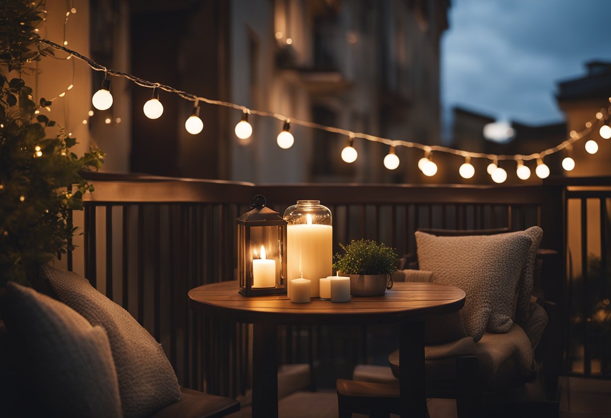 A cozy balcony with string lights hanging overhead, casting a warm glow on the seating area. A small table with candles adds to the ambiance