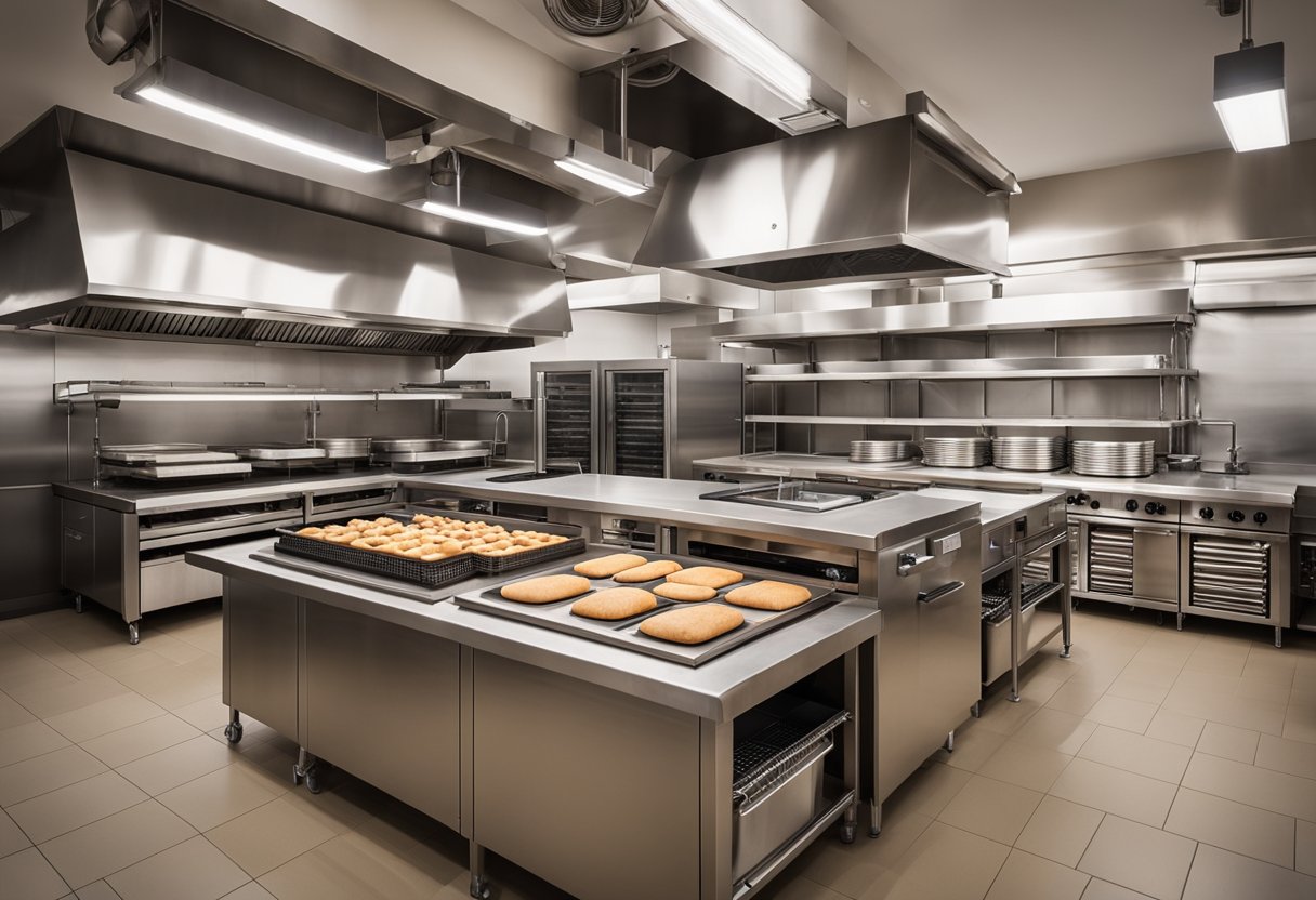 The bakery layout shows a spacious kitchen with industrial ovens, stainless steel workstations, and ample storage shelves. A large central island provides plenty of space for food preparation and assembly
