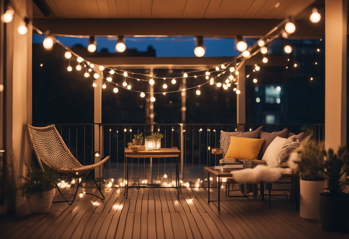 A balcony with string lights hanging above, casting a warm glow on the outdoor space