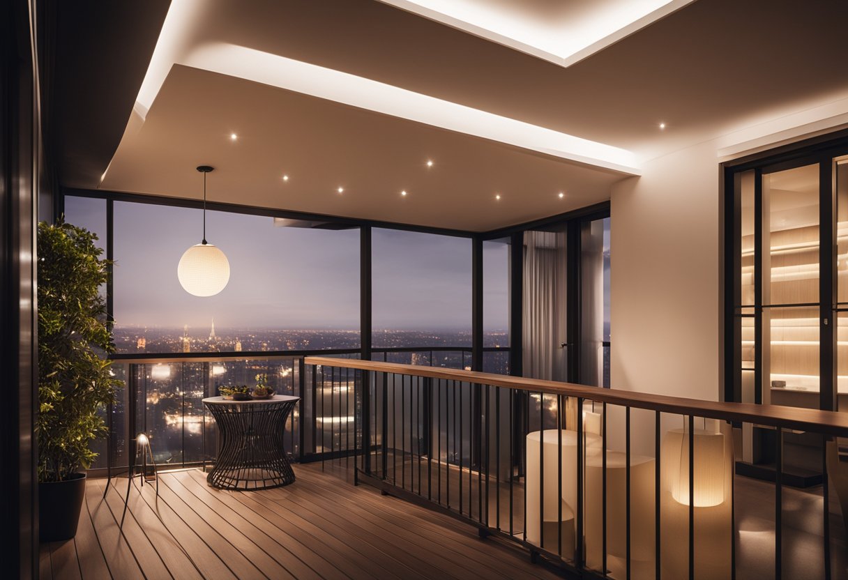 A balcony with a modern, sleek light fixture illuminating the space, casting a warm glow and creating a welcoming atmosphere