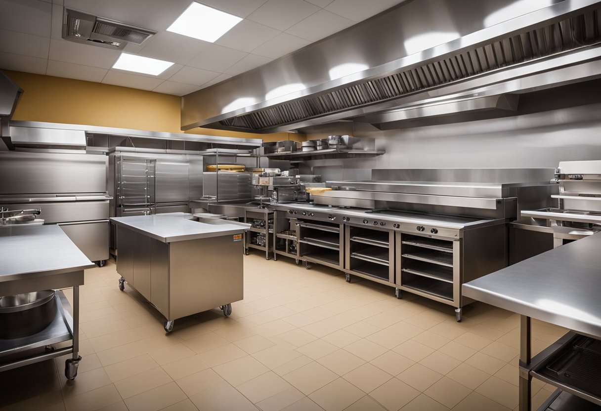The bakery kitchen is filled with essential equipment like ovens, mixers, and worktables. The layout is spacious, with ample storage and efficient workflow