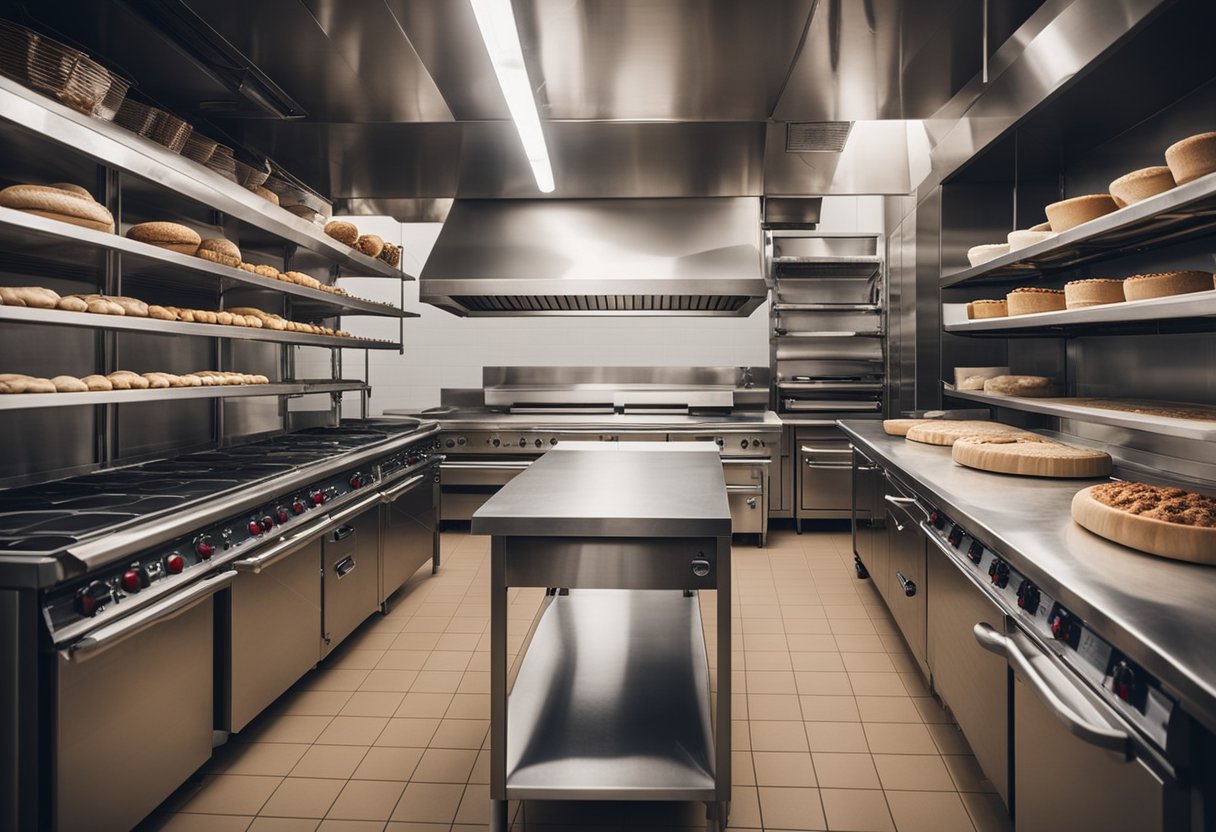 A spacious bakery kitchen with industrial ovens, stainless steel countertops, and shelves filled with baking ingredients and tools