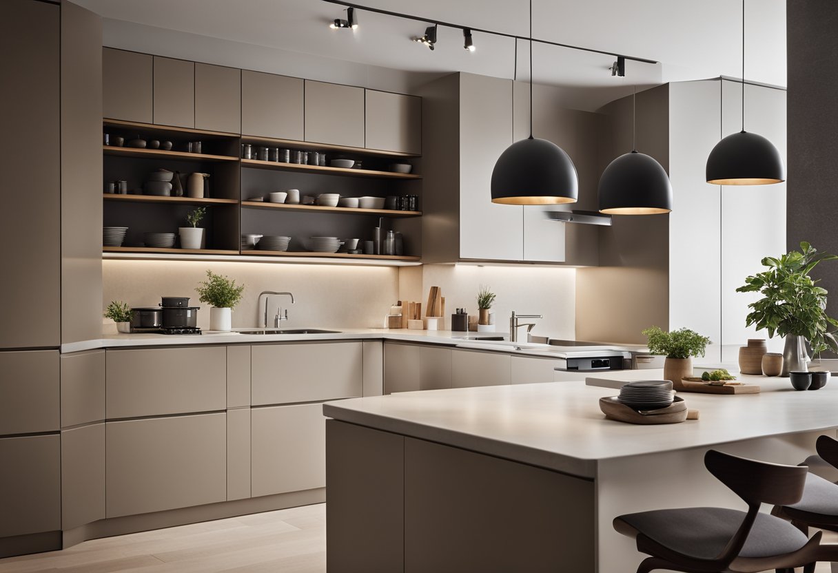 A sleek, minimalist modern kitchen with clean lines, ample storage, and integrated appliances. A central island provides additional workspace and seating. Warm, neutral tones create a welcoming atmosphere