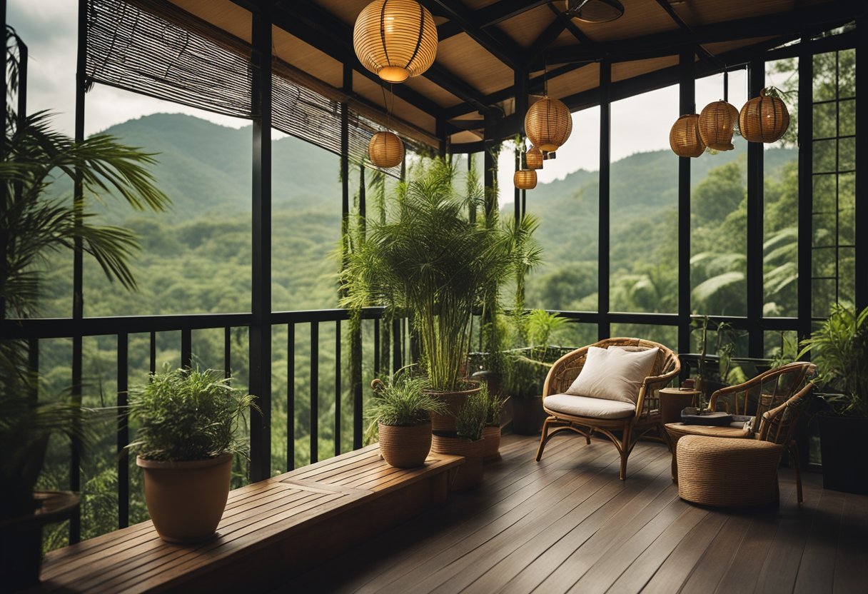 A cozy bamboo balcony oasis with potted plants, hanging lanterns, and comfortable seating overlooking a lush green landscape