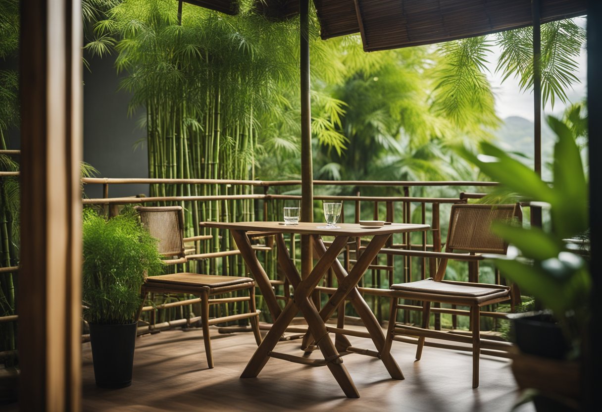A serene bamboo balcony with lush green plants, comfortable seating, and a small table for enjoying the peaceful atmosphere