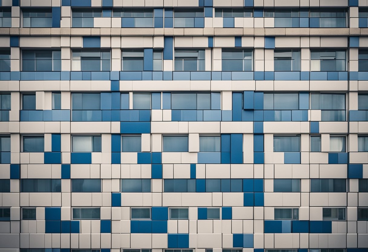The balcony tiles feature a geometric pattern with alternating blue and white squares. The design is symmetrical and creates a visually appealing and intricate look