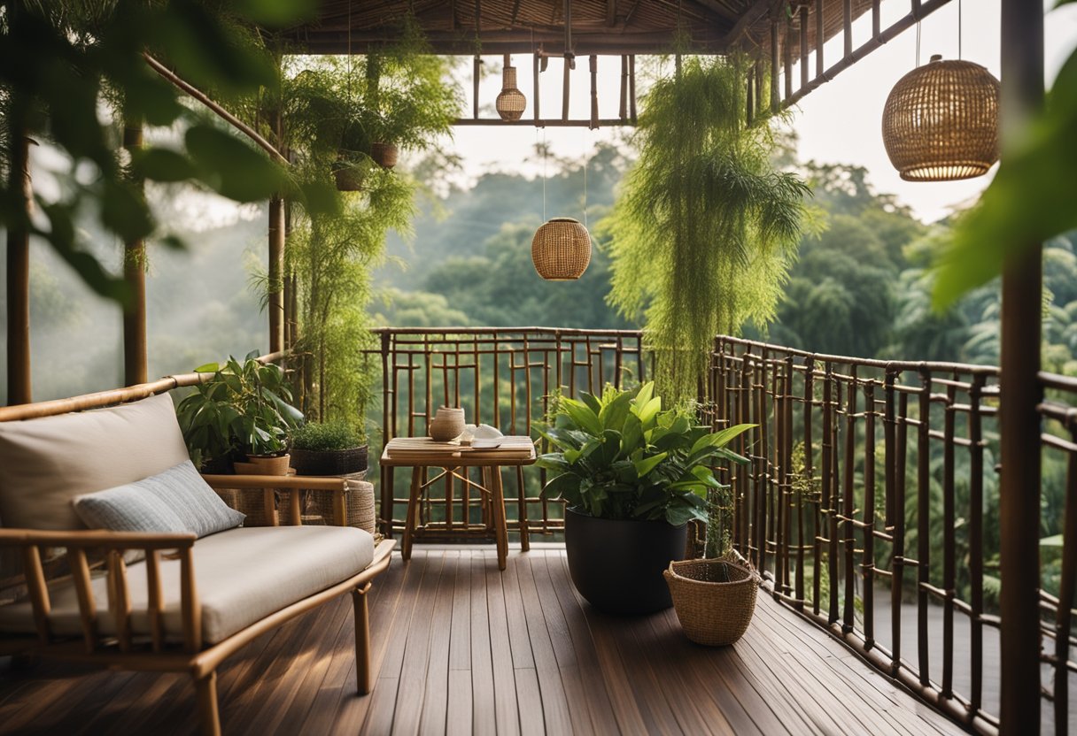 A bamboo balcony with potted plants, hanging lanterns, and a cozy seating area overlooking a lush garden