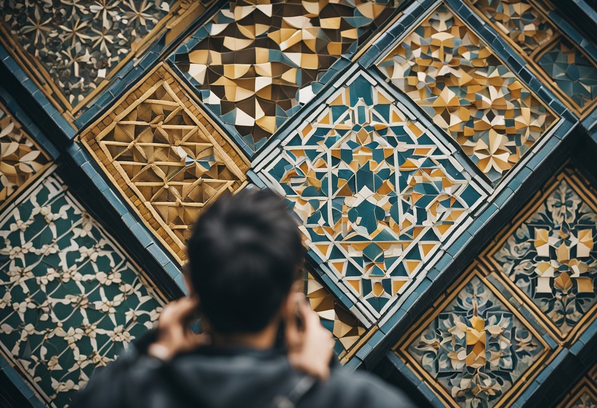 A person is exploring a balcony with intricate tile designs. The tiles form geometric patterns in various colors, creating a visually appealing scene