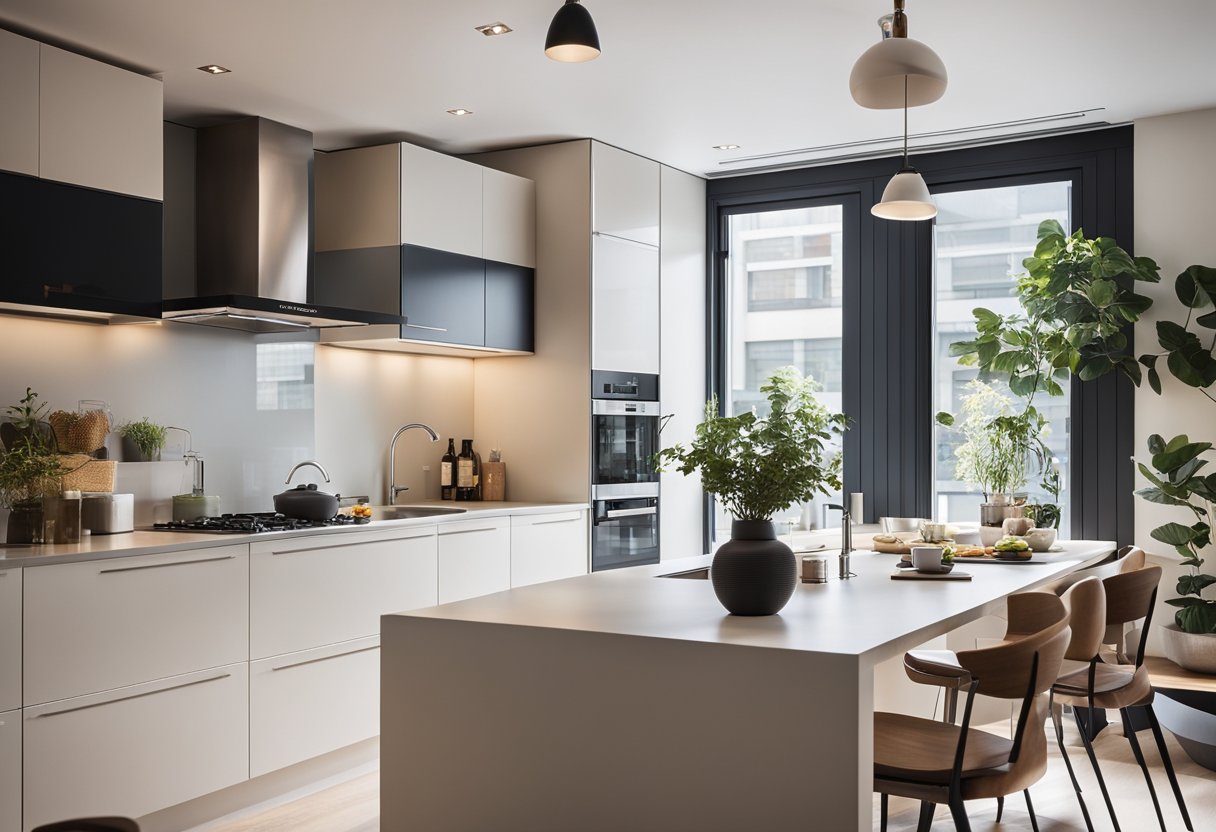 A cozy, modern kitchen with sleek cabinets, efficient storage solutions, and a small dining area. Bright lighting and minimalistic decor give the space a clean, organized feel