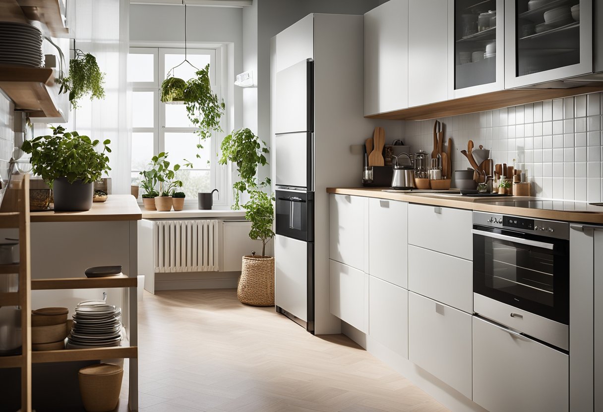 A small, organized kitchen with efficient storage, pull-out drawers, and multipurpose furniture from IKEA. Bright lighting and clean lines enhance the functionality