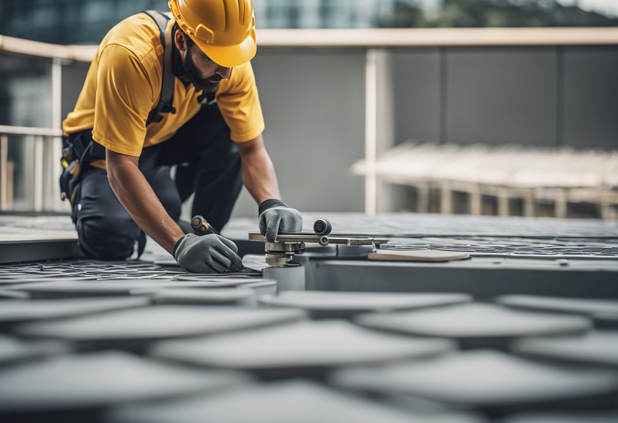 A worker installs and maintains balcony tiles, using tools and materials