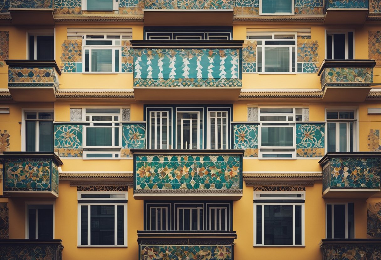 A balcony with intricate tile patterns, featuring geometric shapes and vibrant colors, creating a visually appealing and unique design