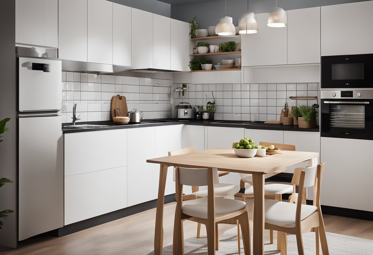 A small kitchen with IKEA cabinets, shelves, and a compact dining area. Clean lines, minimalistic design, and efficient use of space