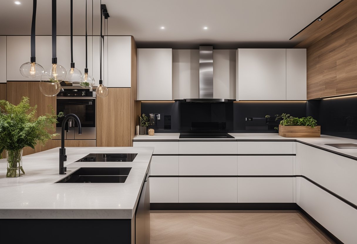 A modern kitchen with a built-in oven, sleek countertops, and stylish cabinetry
